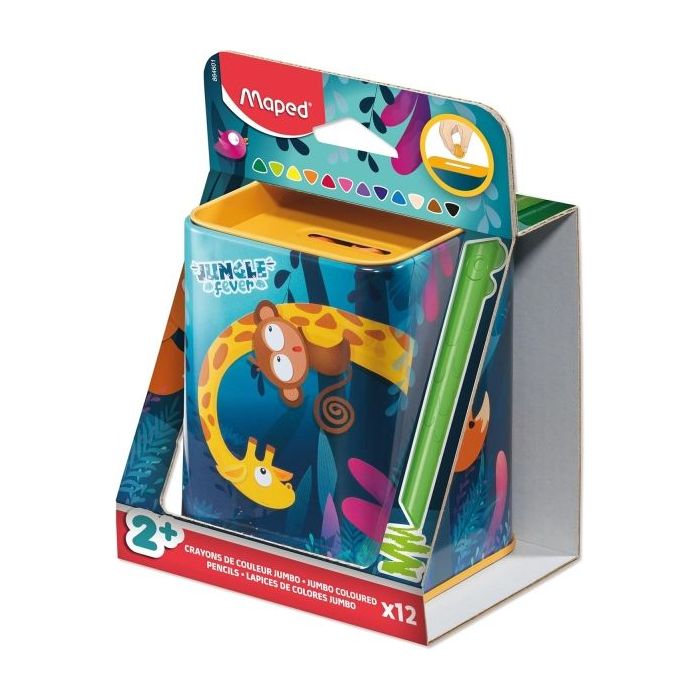 Maped Color`Peps Infinity Jumbo Jungle Caja Metalica con 12 Lapices de Colores de Larga Duracion - La Caja tiene Funcion de Huch