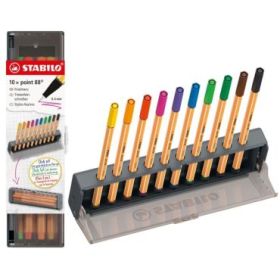 Stabilo Point 88 Set de Mesa con 10 Rotuladores de Punta de Fibra - Trazo de 0.4mm aprox. - Tinta con Base de Agua - Colores Sur