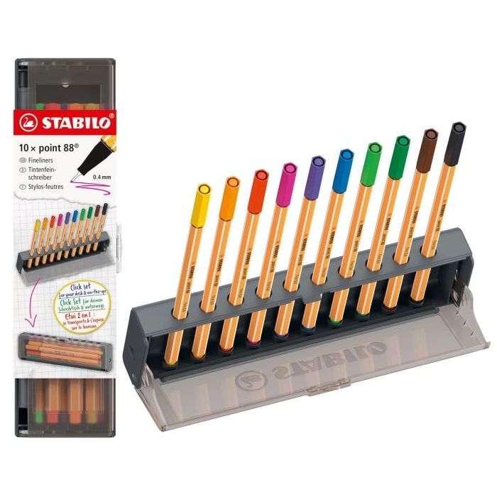 Stabilo Point 88 Set de Mesa con 10 Rotuladores de Punta de Fibra - Trazo de 0.4mm aprox. - Tinta con Base de Agua - Colores Sur