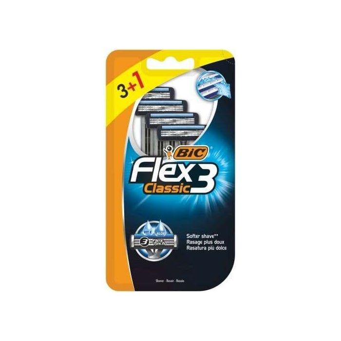 Bic Flex 3 Pack de 3+1 Maquinillas de Afeitar Desechables de 3 Hojas - Cabezal Pivotante - Tira Lubricante con Aloe Vera