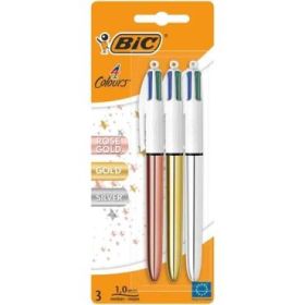 Bic 4 Colours Pack de 3 Boligrafos de Bola Retractil - Punta de 1mm - Trazo de 0.4mm - Tinta con Base de Aceite - Cuerpo Oro, Pl