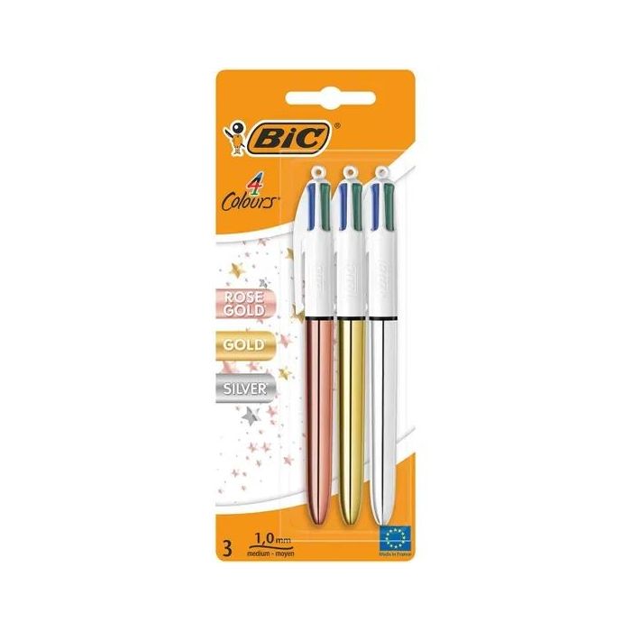 Bic 4 Colours Pack de 3 Boligrafos de Bola Retractil - Punta de 1mm - Trazo de 0.4mm - Tinta con Base de Aceite - Cuerpo Oro, Pl
