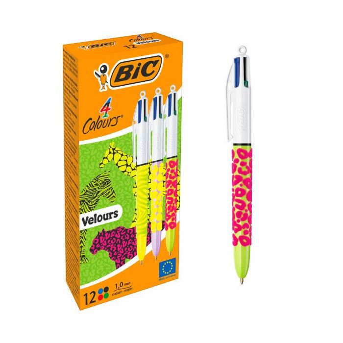Bic 4 Colours Velours Boligrafo de Bola Retractil - Punta Media de 1.0mm - Tinta con Base de Aceite - Cuerpo con Relieve Suave a
