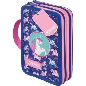 Maped Unicornio Estuche de 2 Pisos con 38 Articulos: Goma de Borrar, Sacapuntas, Lapiz de Grafito HB, 2 Boligrafos, Regla, 18 La