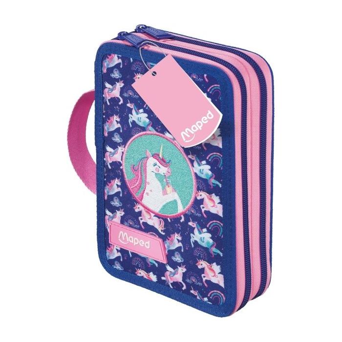 Maped Unicornio Estuche de 2 Pisos con 38 Articulos: Goma de Borrar, Sacapuntas, Lapiz de Grafito HB, 2 Boligrafos, Regla, 18 La