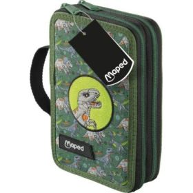 Maped Dinosaurio Estuche de 2 Pisos con 38 Articulos: Goma de Borrar, Sacapuntas, Lapiz de Grafito HB, 2 Boligrafos, Regla, 18 L