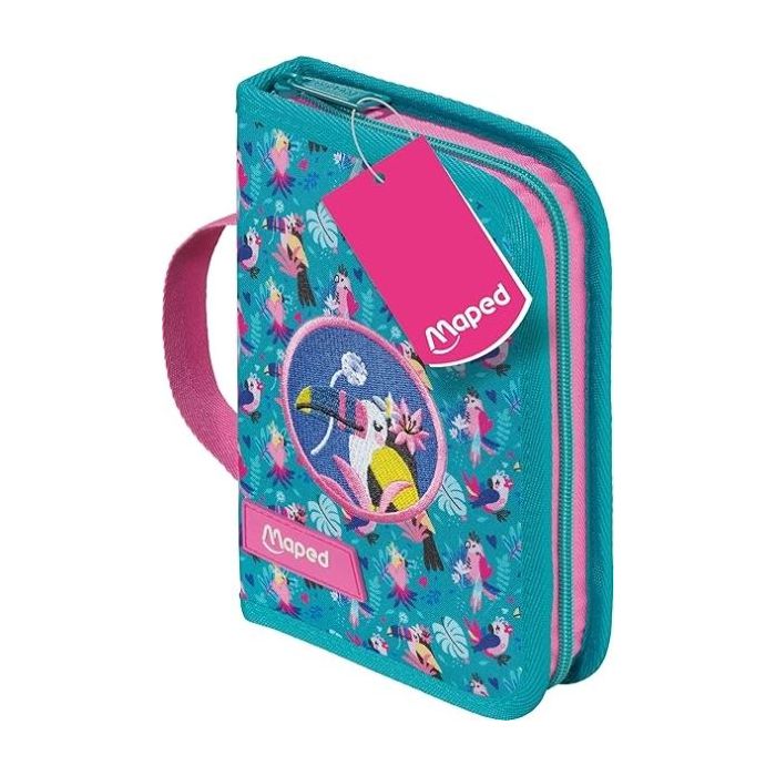 Maped Tropical Estuche con 31 Articulos: Goma de Borrar, Sacapuntas, Lapiz de Grafito HB, 2 Boligrafos, Regla, 12 Lapices de Col
