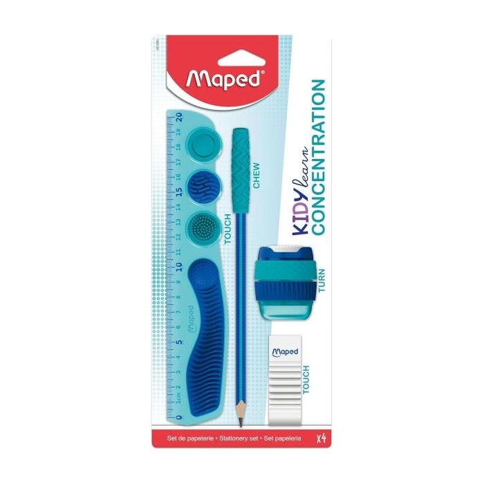 Maped Kidy Lern Concentration Pack con Regla 20cm + Sacapuntas + Goma de Borrar + Lapiz - Diseñados para Ayudar a la Concentraci