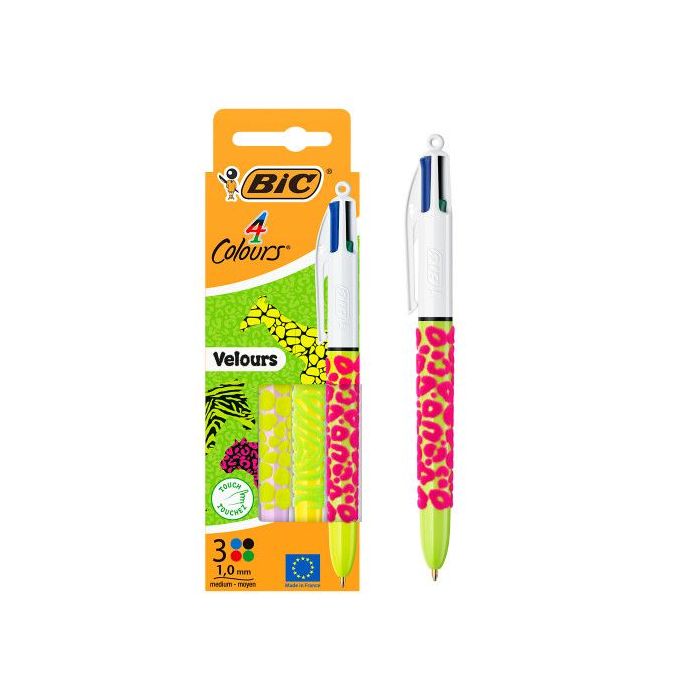 Bic 4 Colours Velours Pack con 3 Boligrafo de Bola Retractil - Punta Media de 1.0mm - Tinta con Base de Aceite - Cuerpo con Reli