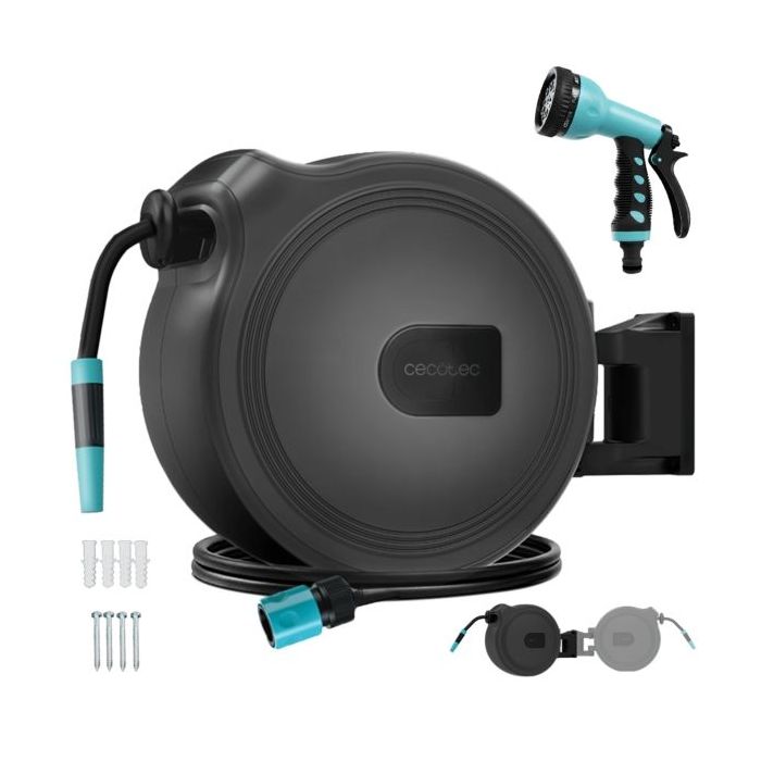 Cecotec HydroShell 30 Manguera de 30m - Recogida Automatica - Giro 180º - Accesorios Incluidos - Tambor Extraible - Pistola Pulv