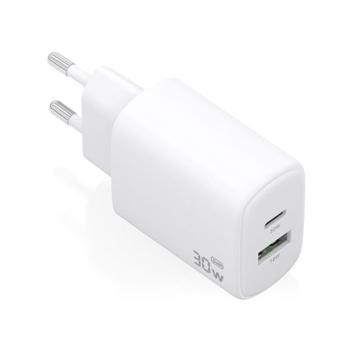 Aisens Cargador GaN 30W - 1xUSB-C PD3.0 QC4.0 - 1xUSB-A QC3.0 - Tecnologia AI - Color Blanco