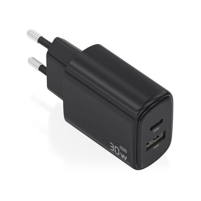 Aisens Cargador GaN 30W - 1xUSB-C PD3.0 QC4.0 - 1xUSB-A QC3.0 - Tecnologia AI - Color Negro
