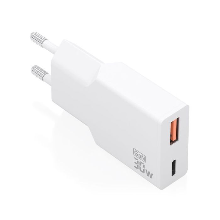 Aisens Cargador de Pared - 30W - GaN - 1xUSB-C - 1xUSB-A - Power Delivery 3.0 - Ultra Delgado - Multiples Protecciones de Seguri
