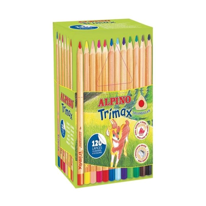 Alpino Trimax Economy Pack de 120 Lapices de Colores Triangulares Gruesos + 2 Sacapuntas - Mina de 5.4mm - Resistente al Agua -