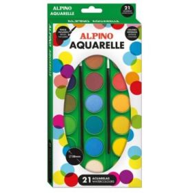 Alpino Pack de 21 Acuarelas + 2 Pinceles - 28mm de Diametro - Colores Surtidos