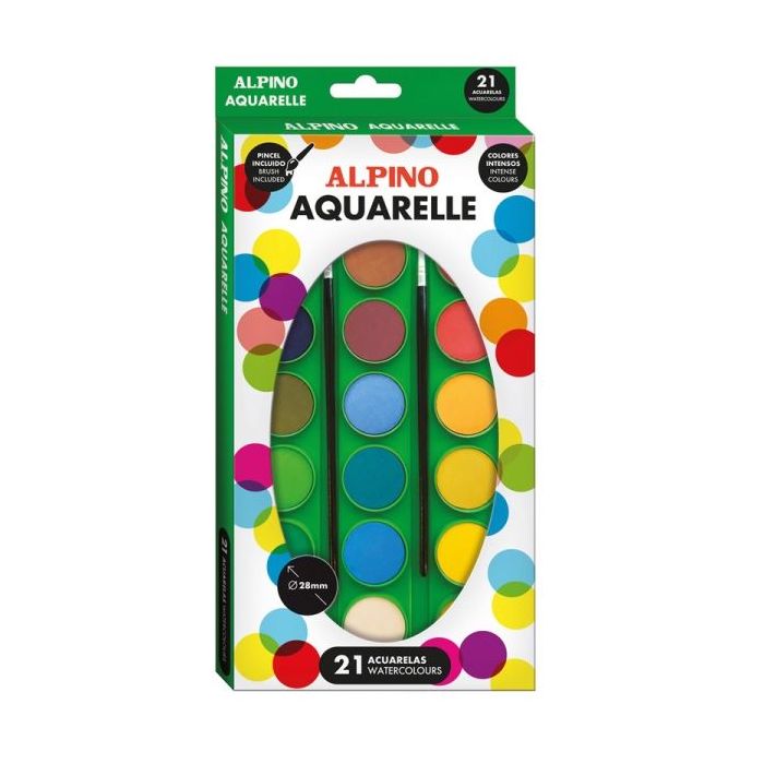 Alpino Pack de 21 Acuarelas + 2 Pinceles - 28mm de Diametro - Colores Surtidos