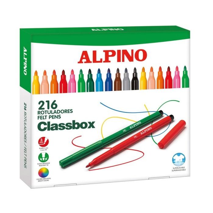 Alpino Pack Economy con 216 Rotuladores de Colores - Punta de 3mm - Superlavables y Brillantes - Uso Escolar - Desarrolla la Cre