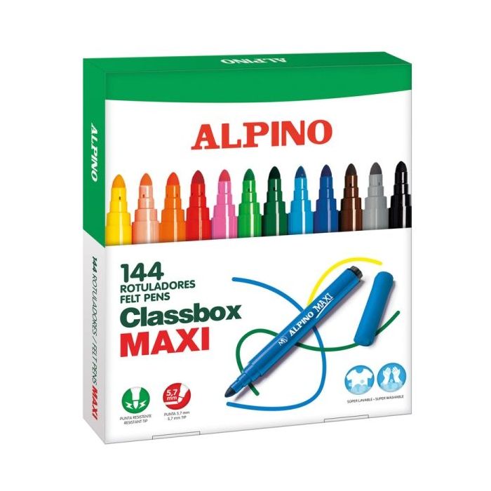Alpino Maxi Pack Economy de 144 Rotuladores Gruesos - Punta de 6mm - Superlavables, Resistentes, Duraderos y de Colores Brillant