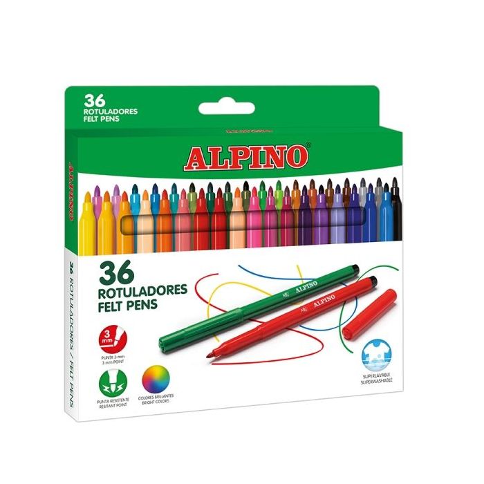 Alpino Pack con 36 Rotuladores de Colores - Punta de 3mm - Superlavables y Brillantes - Uso Escolar - Desarrolla la Creatividad
