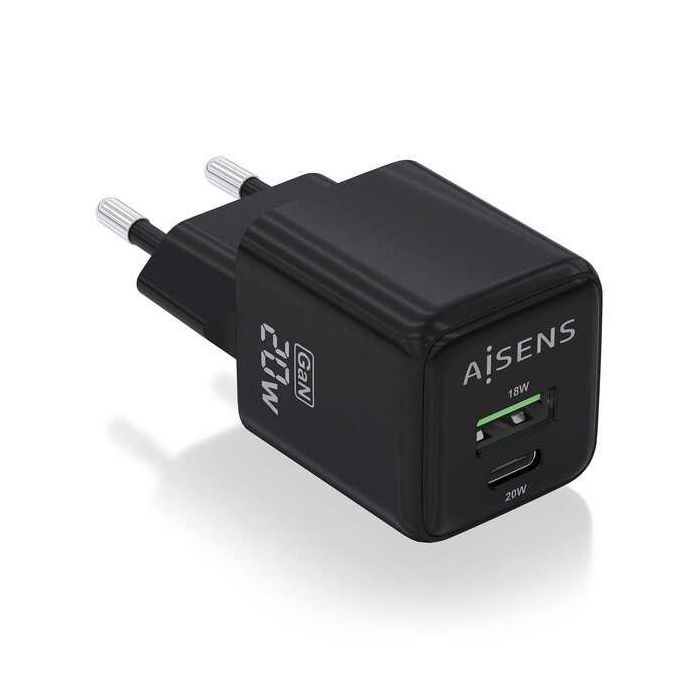 Aisens Cargador Gan 20W - 1xUSB-C PD3.0 QC4.0 - 1xUSB-A QC3.0 - Color Negro