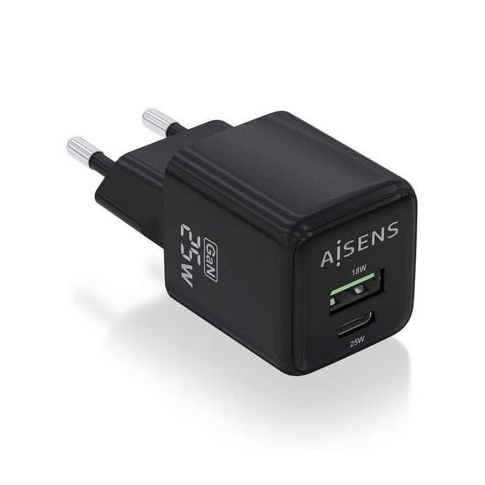 Aisens Cargador Gan 25W - 1xUSB-C PD3.0 QC4.0 - 1xUSB-A QC3.0 - Color Negro