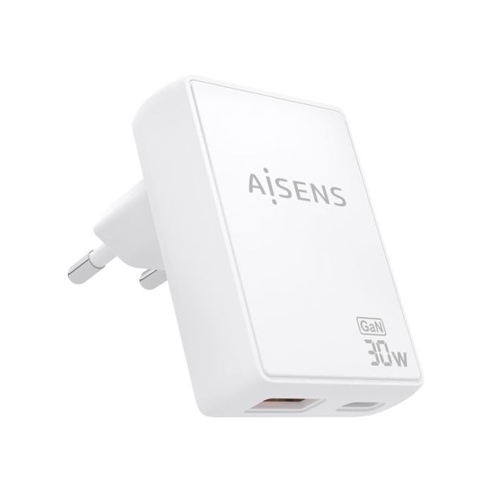 Aisens Cargador GaN Ultra Delgado 30W - 1xUSB-C PD3.0 QC4.0 - 1xUSB-A QC3.0 - Tecnologia AI - Color Blanco