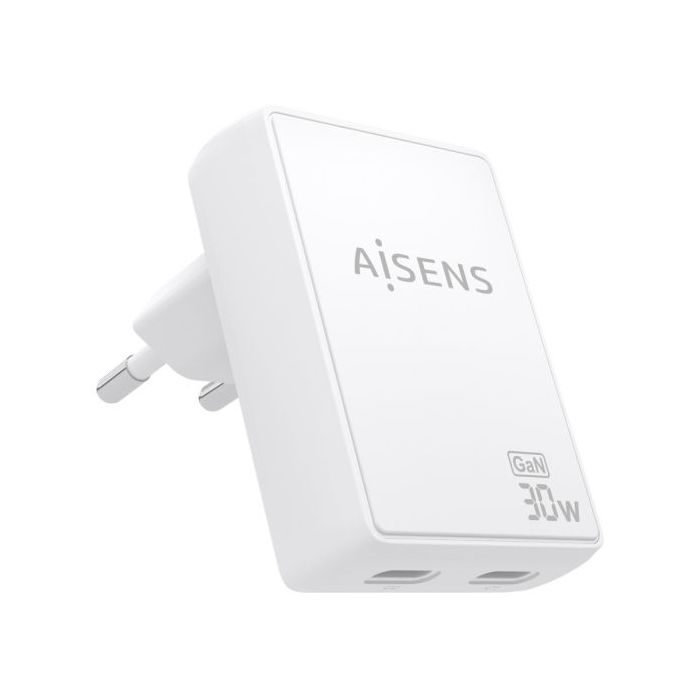 Aisens Cargador GaN Ultra Delgado 30W - 2xUSB-C PD3.0 QC4.0 - Tecnologia AI - Color Blanco