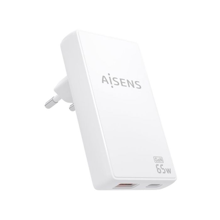 Aisens Cargador GaN Ultra Delgado 65W - 1xUSB-C PD3.0 QC4.0 - 1xUSB-A QC3.0 - Tecnologia AI - Color Blanco