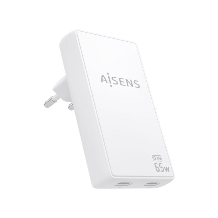 Aisens Cargador GaN Ultra Delgado 65W - 2xUSB-C PD3.0 QC4.0 - Tecnologia AI - Color Blanco