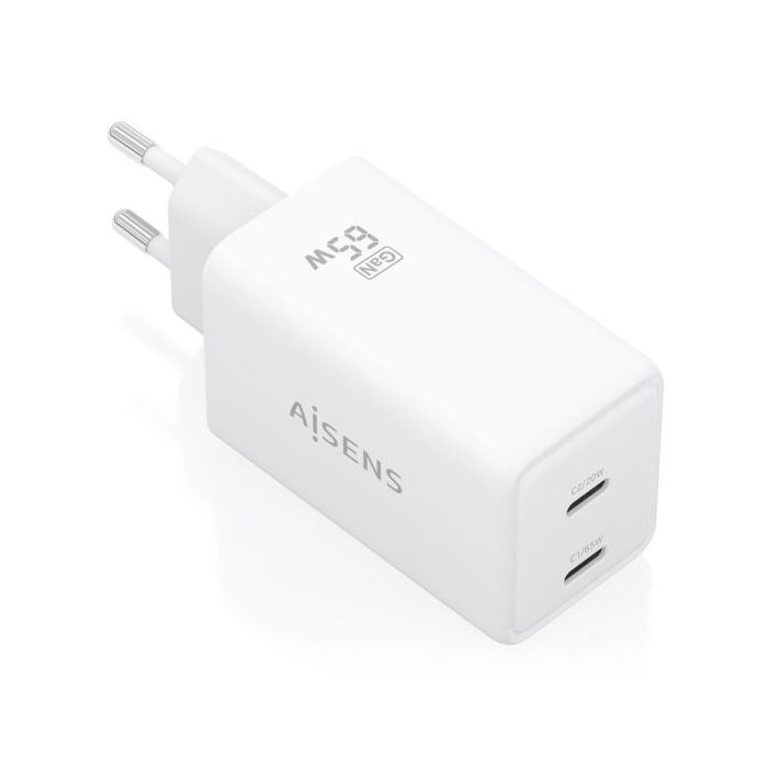 Aisens Cargador GaN 65W - 2xUSB-C PD3.0 QC4.0 - Tecnologia AI - Color Blanco