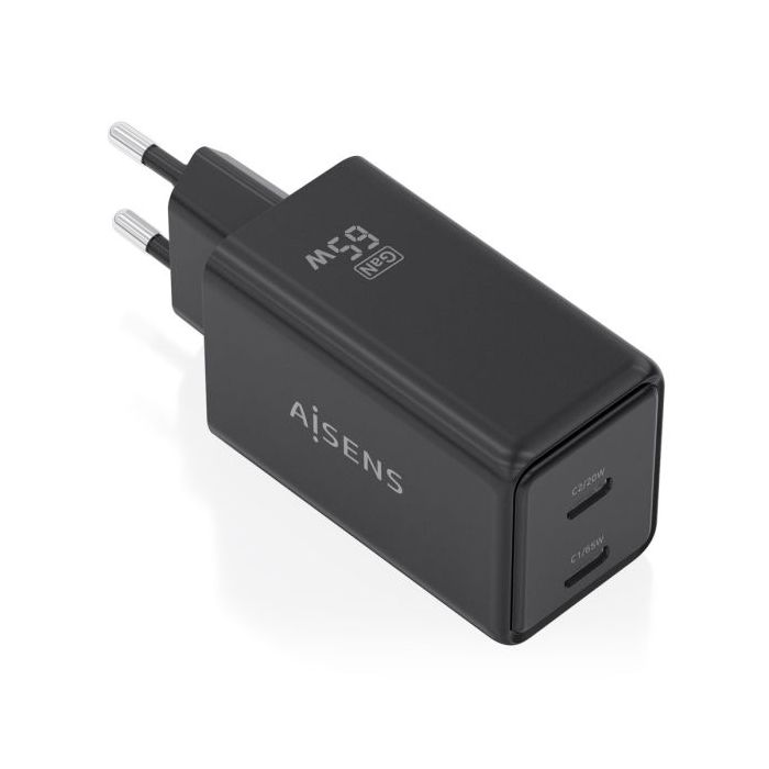 Aisens Cargador GaN 65W - 2xUSB-C PD3.0 QC4.0 - Tecnologia AI - Color Negro