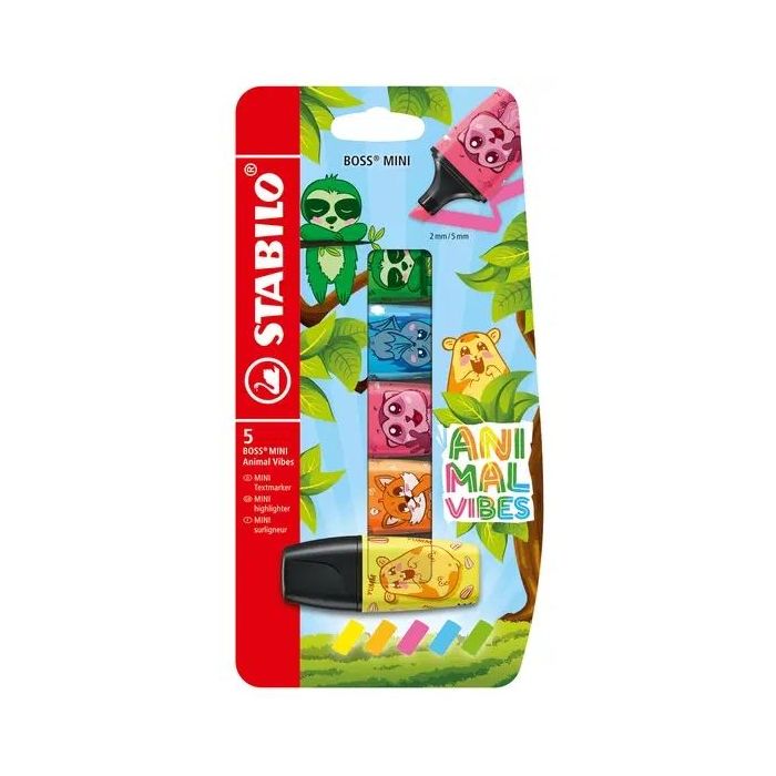Stabilo Boss Mini Animal Vibes Pack de 5 Mini Marcadores Fluorescentes - Trazo entre 2 y 5mm - Tinta con Base de Agua - Antiseca