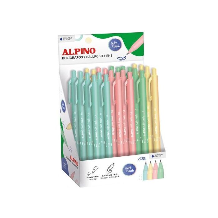 Alpino Soft Touch Pastel Expositor con 24 Boligrafos Retractiles - Punta 1mm - Tacto Suave - Tinta Azul - Colores Pastel Surtido
