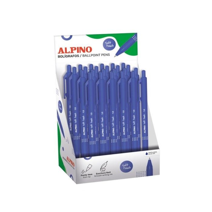 Alpino Soft Touch Expositor con 24 Boligrafos Retractiles - Punta 1mm - Tacto Suave - Tinta Azul - Color Azul