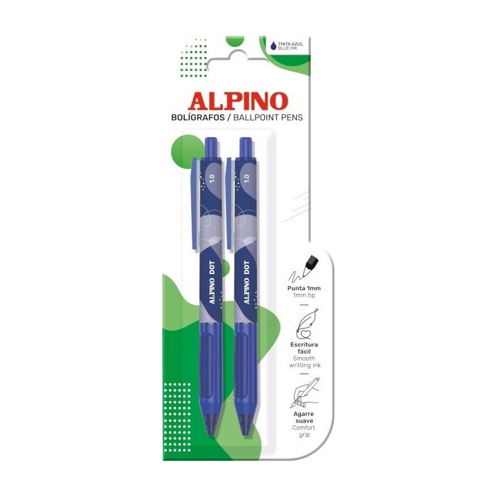 Alpino Dot Pack con 2 Boligrafos Retractiles - Punta 1mm - Agarre Suave - Tinta Azul - Color Azul