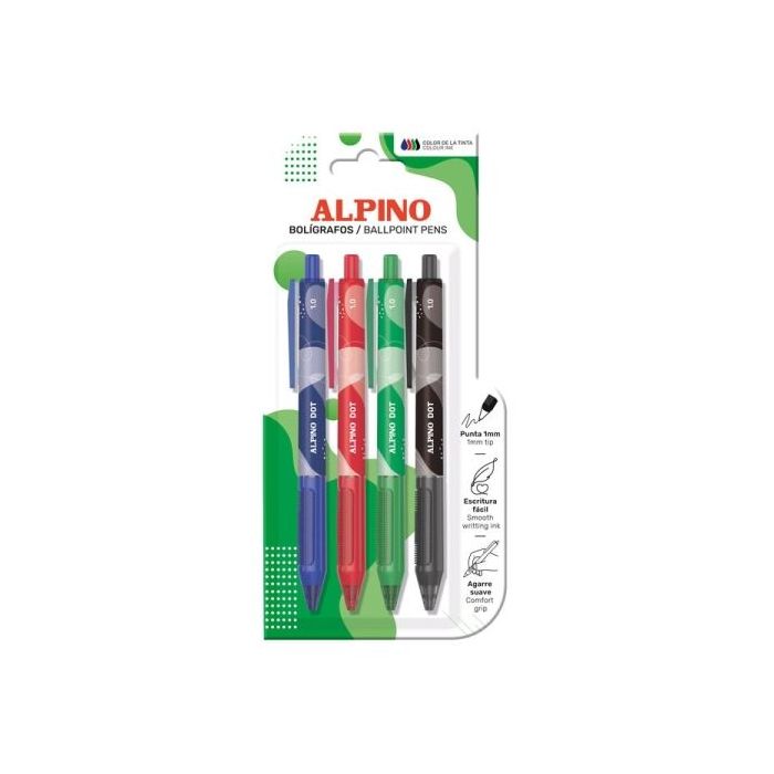 Alpino Dot Pack con 4 Boligrafos Retractiles - Punta 1mm - Agarre Suave - Colores Surtidos