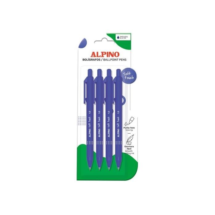 Alpino Soft Touch Pack con 4 Boligrafos Retractiles - Punta 1mm - Tacto Suave - Tinta Azul - Color Azul