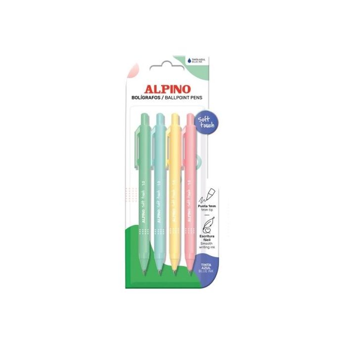Alpino Soft Touch Pastel Pack con 4 Boligrafos Retractiles - Punta 1mm - Tacto Suave - Tinta Azul - Colores Pastel Surtidos