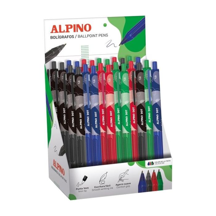 Alpino Dot Expositor con 24 Boligrafos Retractiles - Punta 1mm - Agarre Suave - Colores Surtidos
