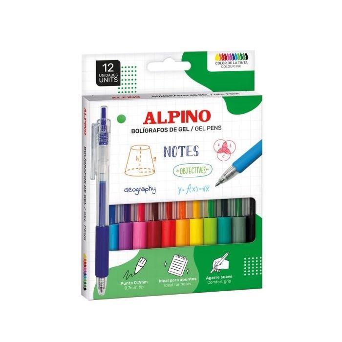 Alpino Line Gel Pack con 12 Boligrafos Retractiles de Tinta Gel - Punta 0.7mm - Grip de Agarre - Colores Surtidos