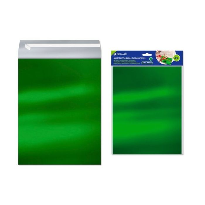 Bismark Pack de 4 Sobres Metalizados - Medidas 324x254mm - Cierre Autoadhesivo - Ideal para Regalos - Color Verde Metalizado