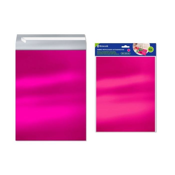 Bismark Pack de 4 Sobres Metalizados - Medidas 324x254mm - Cierre Autoadhesivo - Ideal para Regalos - Color Rosa Metalizado