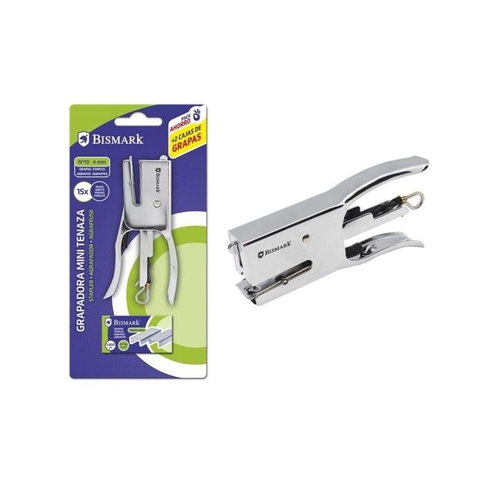 Bismark Grapadora Mini Tenaza Cromada + 2000 Grapas - Capacidad de Grapado 15 Hojas - Diseño Ergonomico - Alta Durabilidad - Col