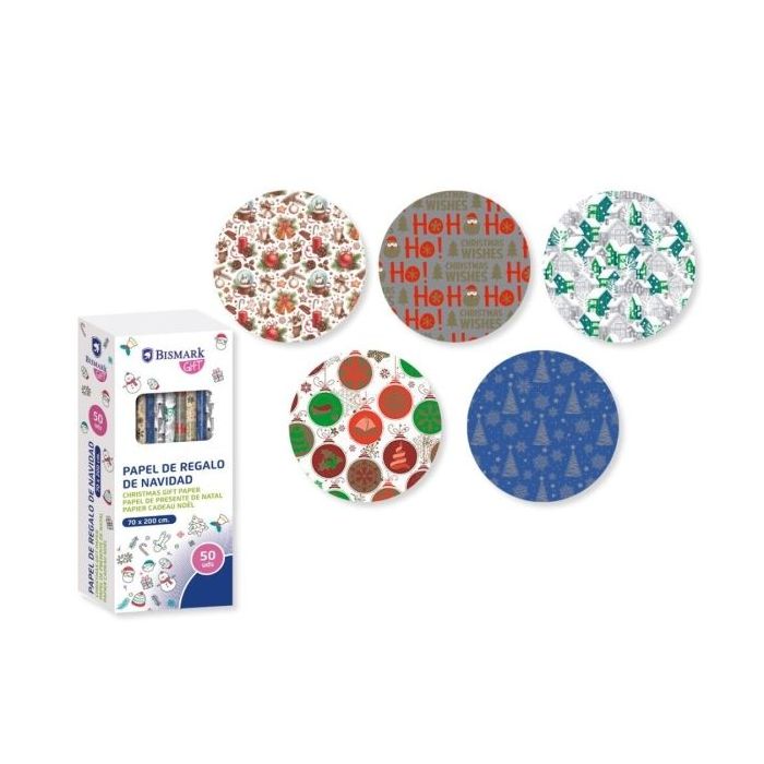 Bismark Navidad Oro/Plata Rollo de Papel Regalo - Medidas 70cmx200cm - 5 Diseños Diferentes