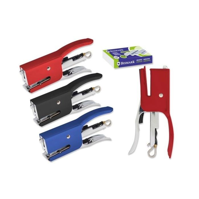 Bismark Grapadora Mini Tenaza + 2000 Grapas - Capacidad de Grapado 15 Hojas - Diseño Ergonomico - Alta Durabilidad - Colores Sur