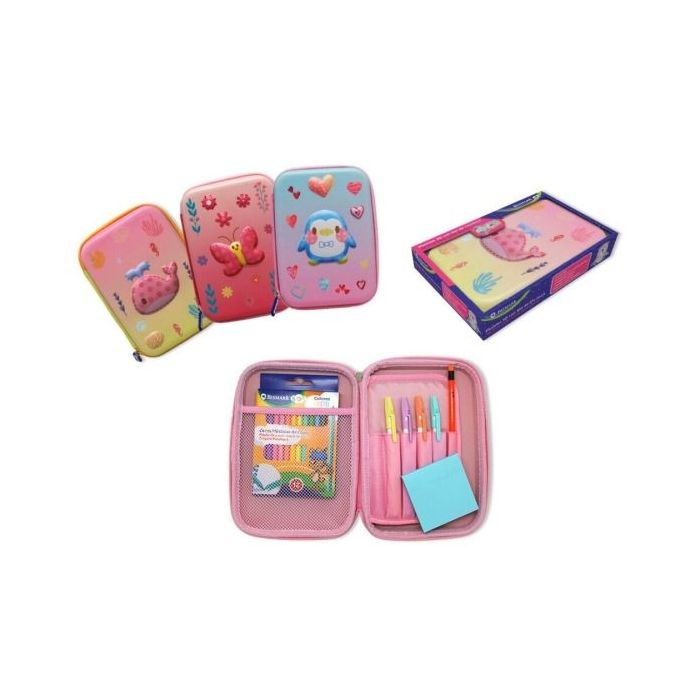 Bismark Animals Plumier 3D Goma Eva de 1 Compartimento - Incluye 12 Ceras de Colores Pastel, 4 Boligrafos Pastel, 1 Lapicero con