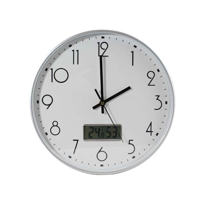 Bismark Reloj Oficina con Marcador Digital de Temperatura y Humedad - Numeros Negros - Cristal Exterior - Manecillas de Aluminio