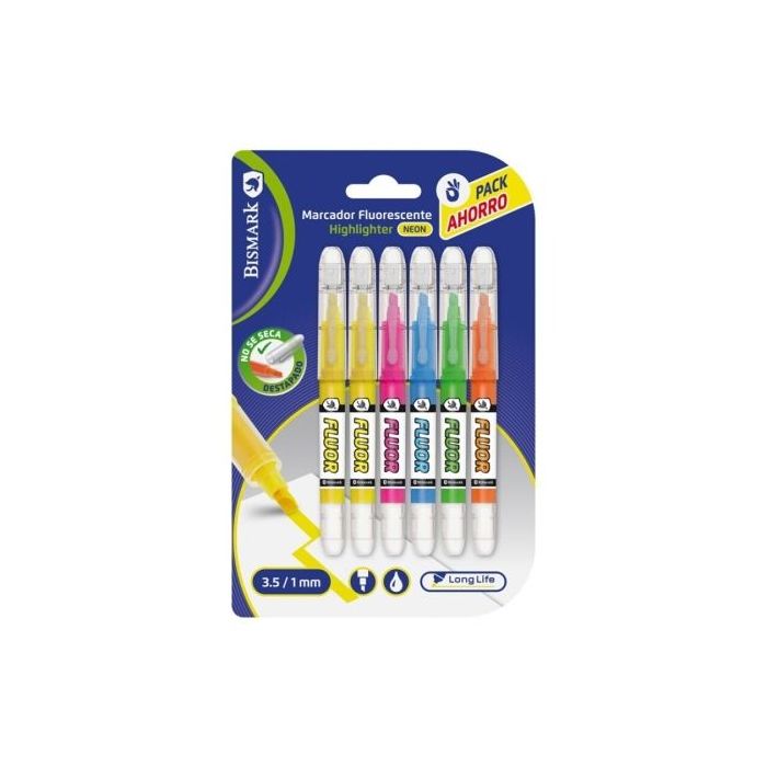 Bismark Long-Life Pack de 6 Marcadores Fluorescentes Neon - Tinta Liquida - Punta Biselada - Ideal para Subrayar y Resaltar - Co