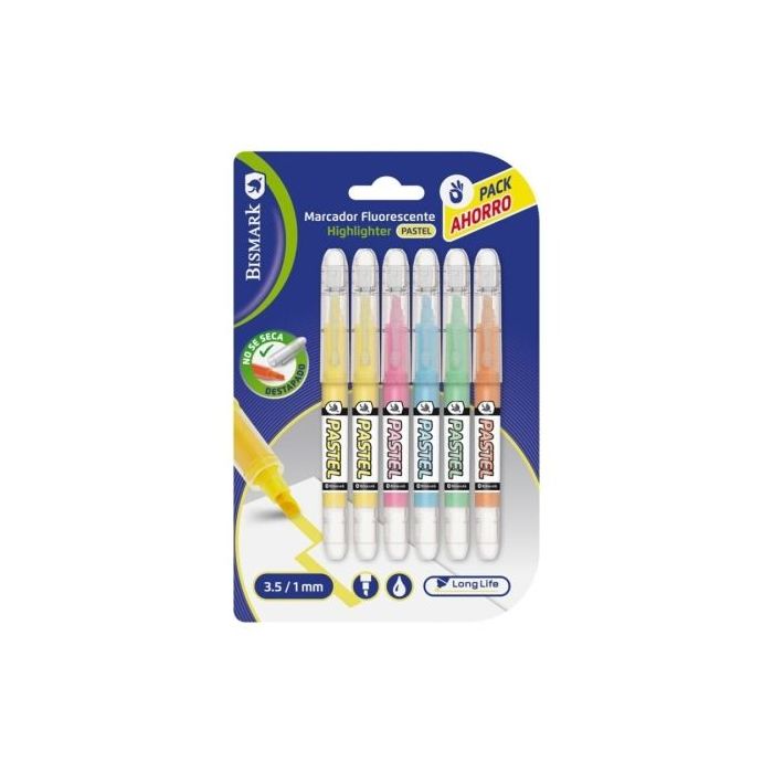 Bismark Long-Life Pack de 6 Marcadores Fluorescentes Pastel - Tinta Liquida - Punta Biselada - Ideal para Subrayar y Resaltar -