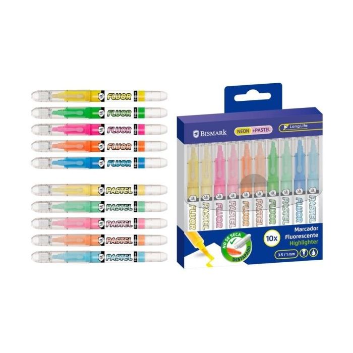 Bismark Long-Life Pack de 10 Marcadores Fluorescentes - 5x Neon y 5x Pastel - Tinta Liquida - Punta Biselada - Ideal para Subray